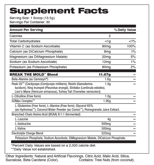 BREAK THE MOLD™ from WRKETHIC Supplements®  Peach Mango Supplement Facts Image