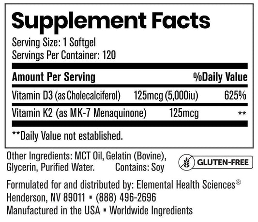 D3+K2 by Elemental Health Sciences 120 Softgels Supplement Facts Image