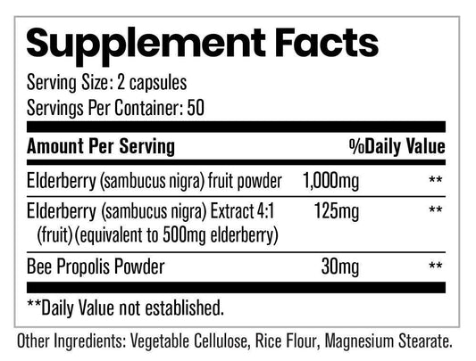 ELDERBERRY By Elemental Health Sciences 100 Capsules Supplement Facts Image