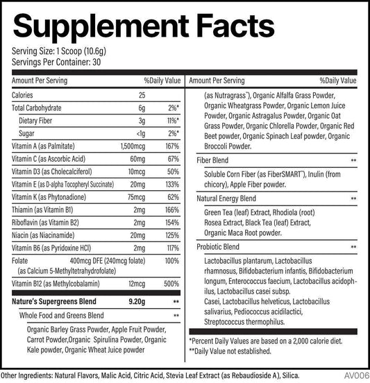 Nature's Supergreens by Nu-Tek Nutrition Green Apple Flavor Supplement Facts Image