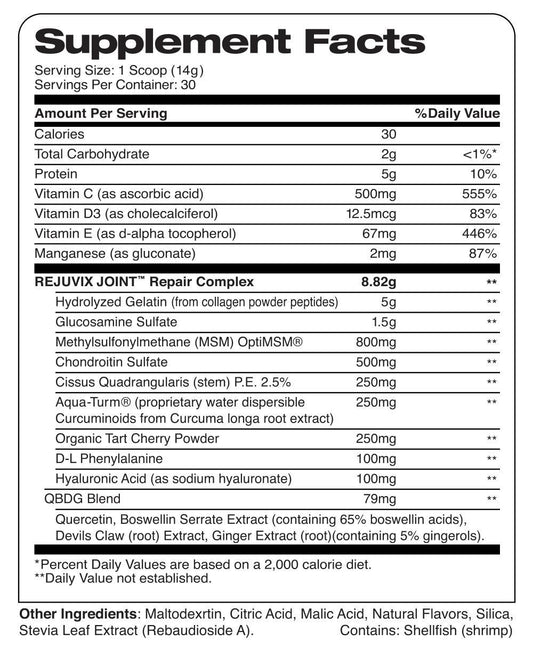 XCELERATED PERFORMANCE PRODUCTS REJUVIX JOINT 30 Servings Supplement Facts Image 